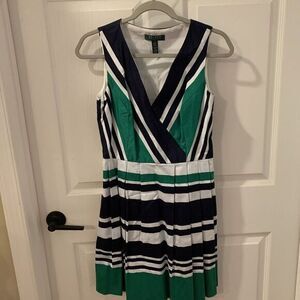 Lauren Ralph Lauren Womens Striped Pleated Sleeveless Dress Size 6  VNeck‎ Blue